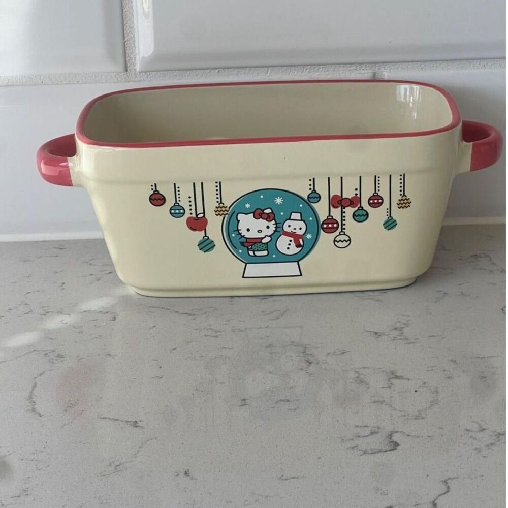 Hello Kitty Christmas Loaf Baking Pan Ceramic 9"x5" Let it Snow Ornaments Sanrio